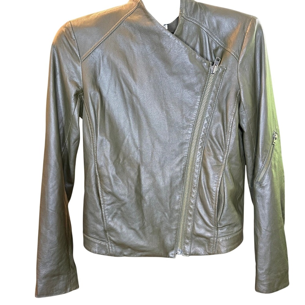 Helmut Helmut Lang Olive Green Lamb Leather Moto Jacket Asymmetric Zip Womens M